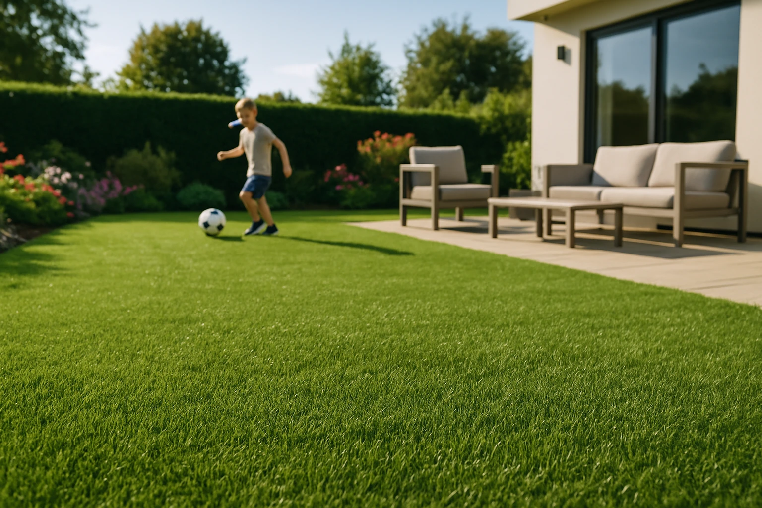 Egy kisfiú focizik a zöld fűben, háttérben ülőgarnitúrával.