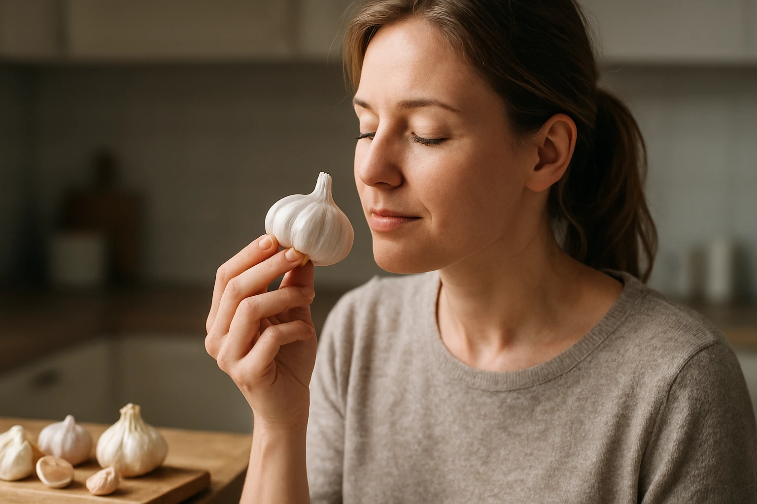 Egy nő közelről néz egy fokhagymát, miközben élvezi az illatát.