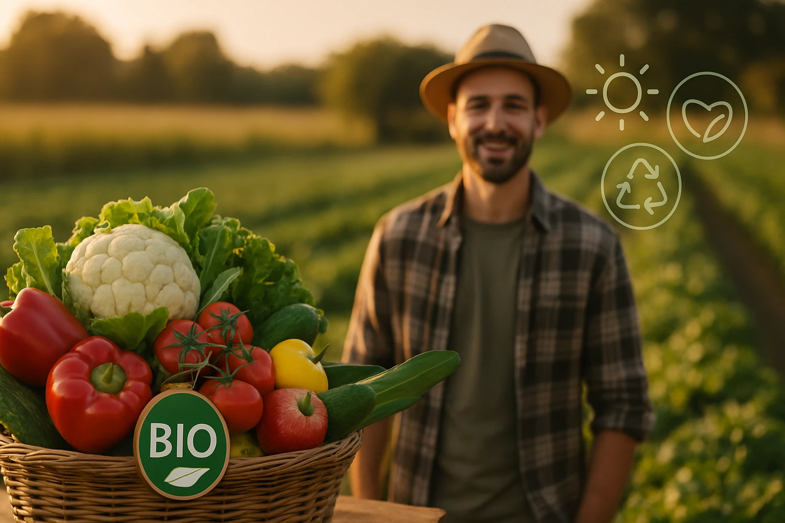 Friss bio zöldségek egy kosárban, háttérben egy mosolygó férfi a mezőn.