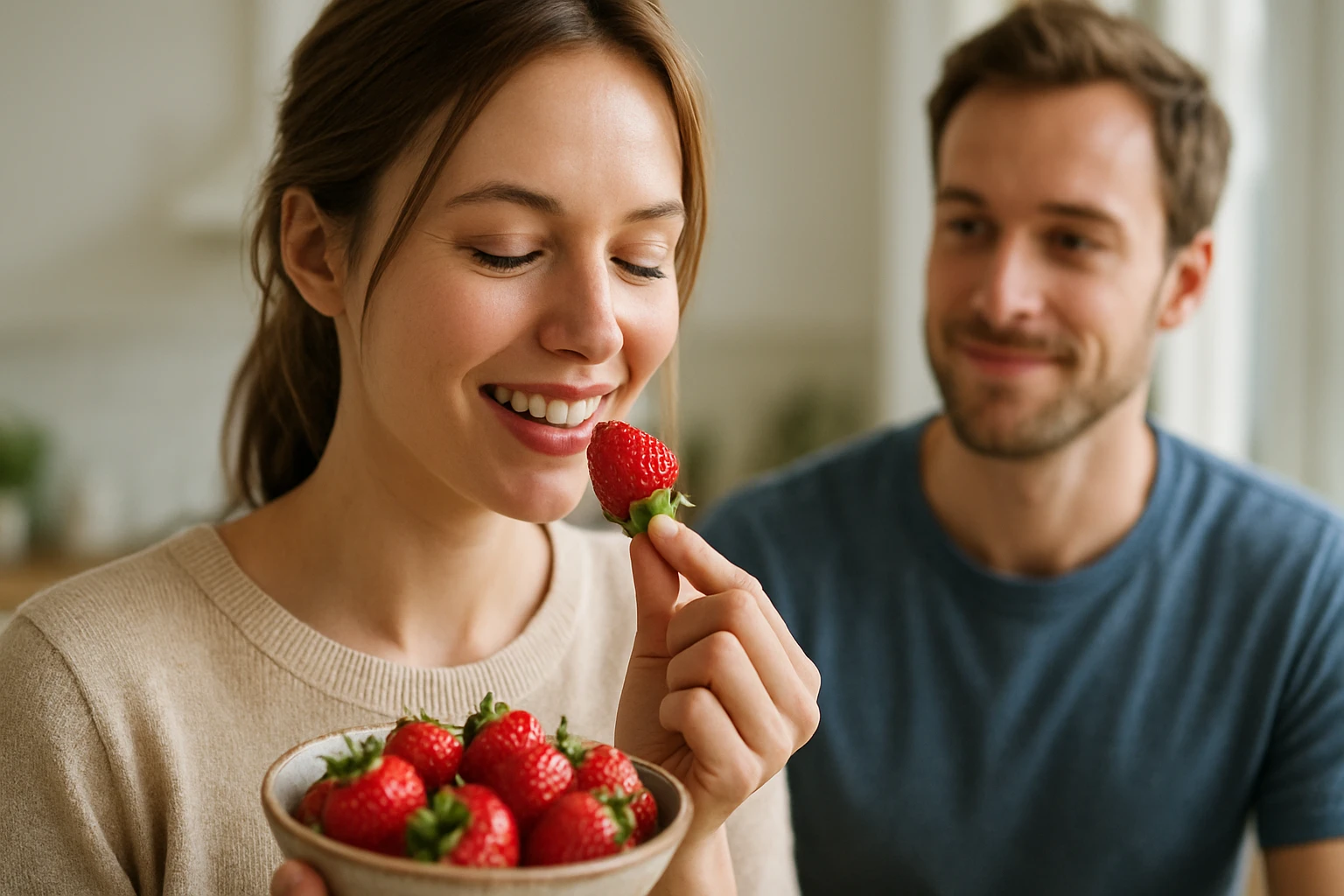 Egy nő mosolyogva eperdarabot tart a kezében, miközben egy tál eper van előtte.