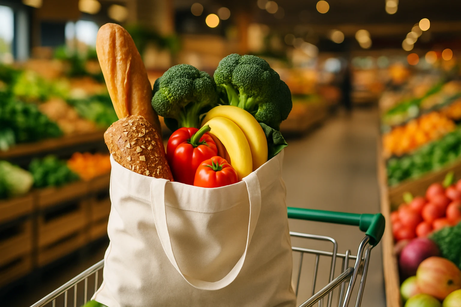 Egy vászontáska friss zöldségekkel és gyümölcsökkel, mint brokkoli, paprika és banán.