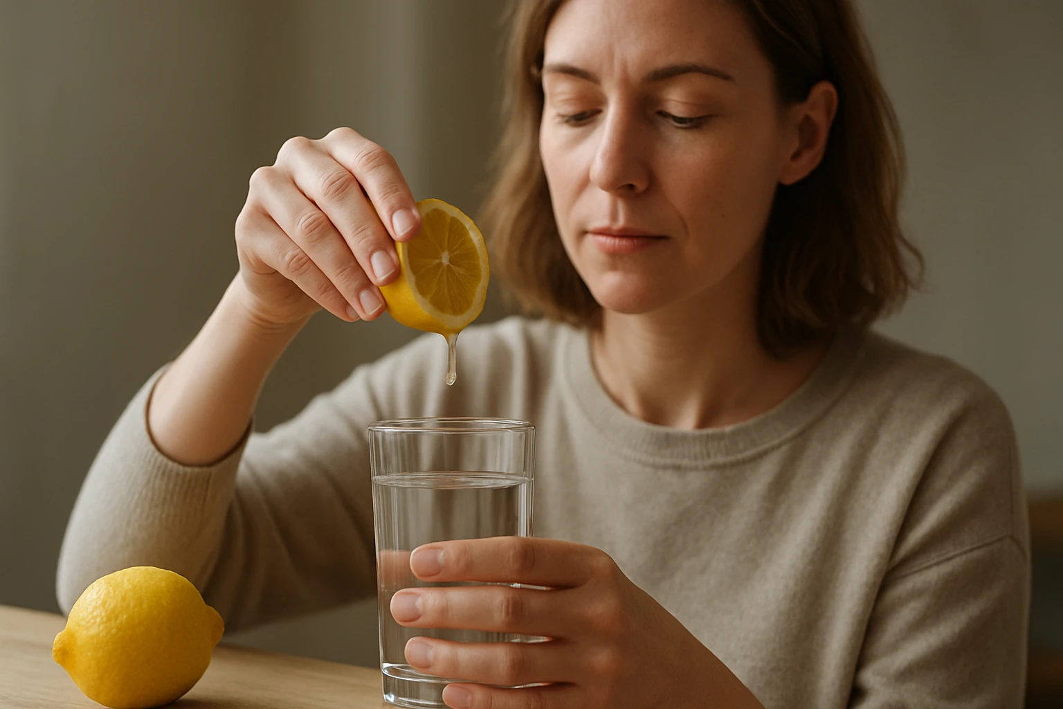 Egy nő citromot facsar a vízzel teli pohárba, mellette egy citrom.