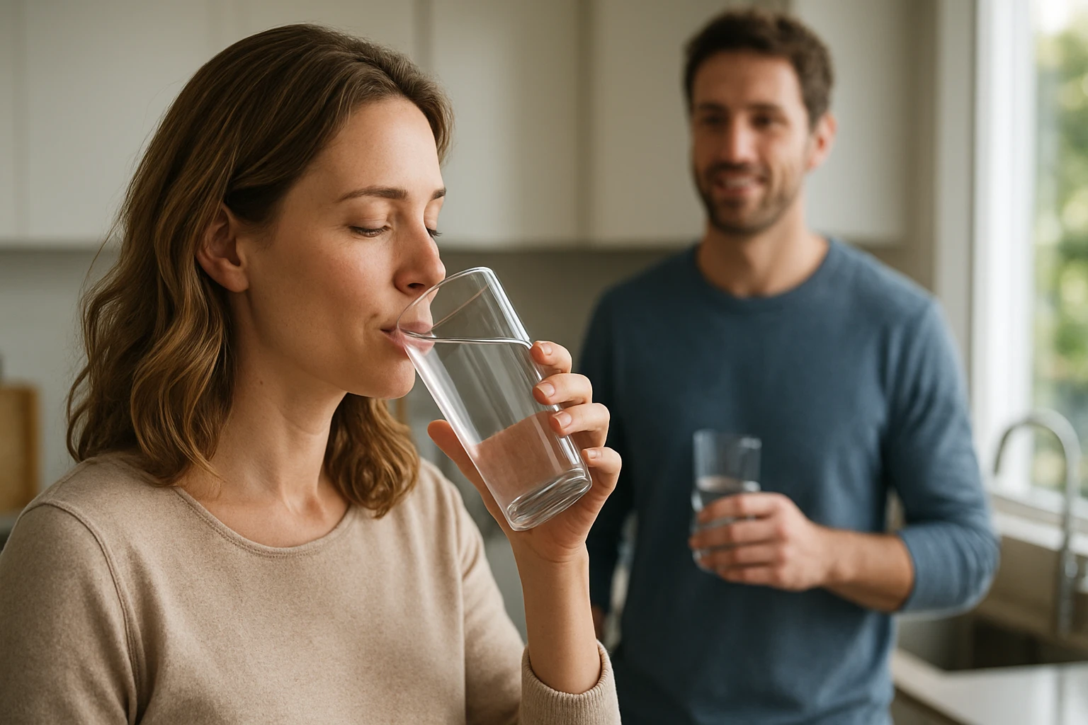 Egy nő vízzel teli poharat iszik, miközben egy férfi mosolyogva nézi.