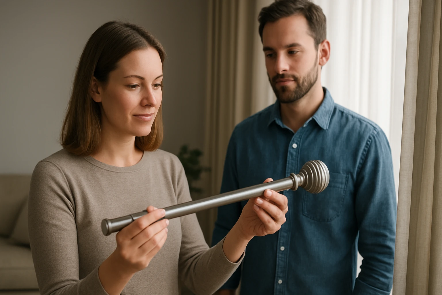 Egy nő és egy férfi egy függönykarnist néznek, érdeklődve tanulmányozzák.