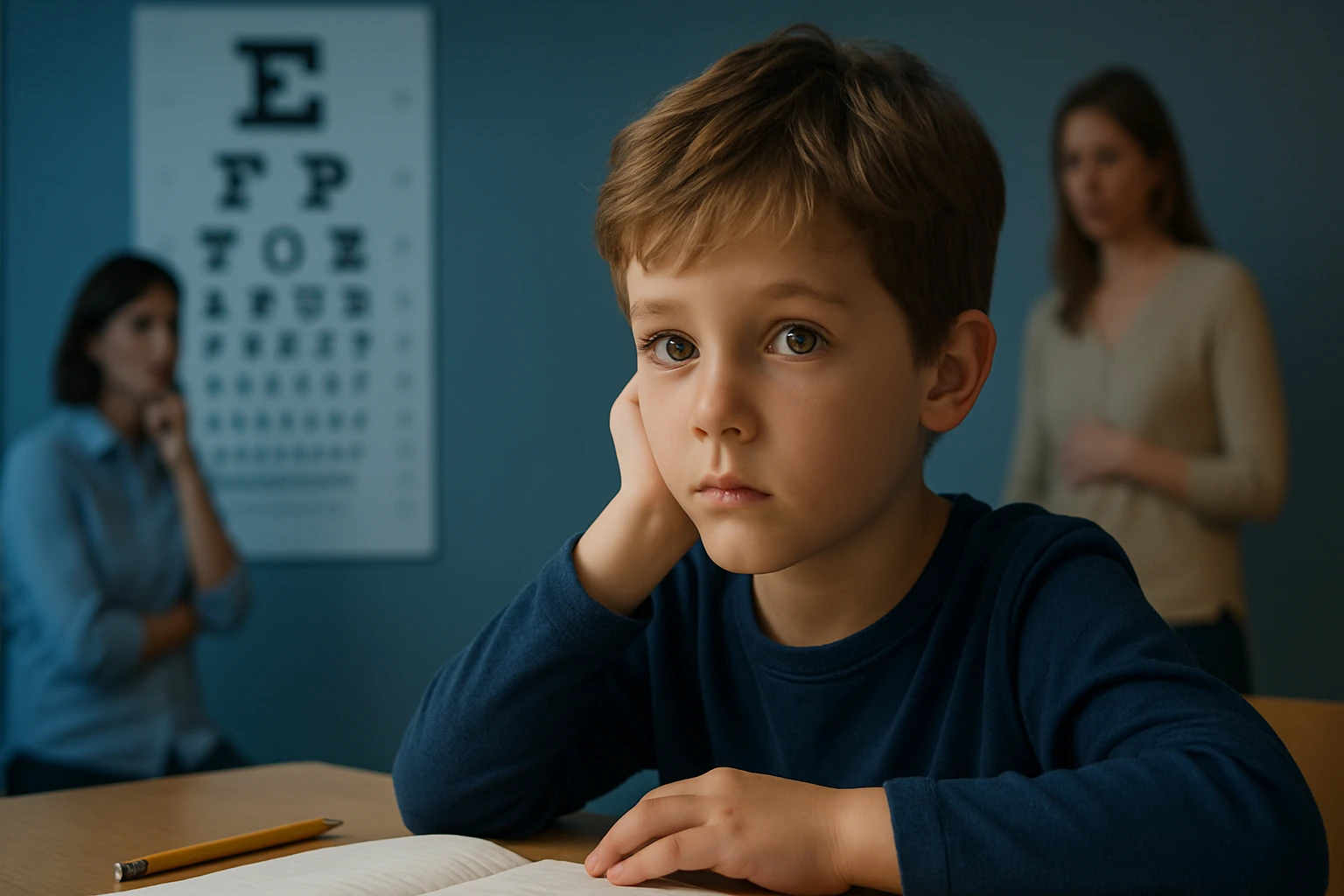 Egy kisfiú ül az asztalnál, figyelmesen néz, mögötte felnőttek állnak.