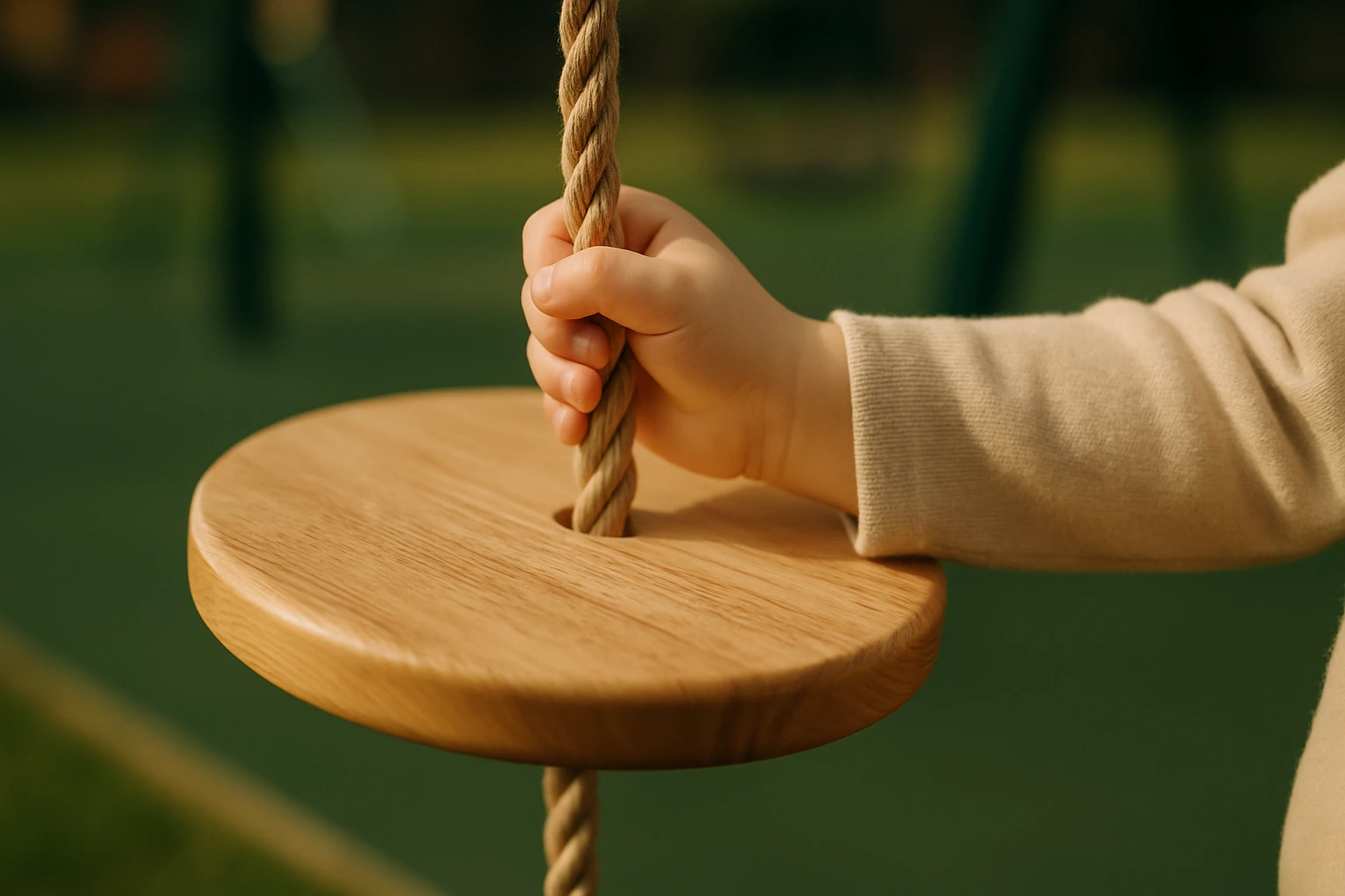 Egy gyermek keze egy fából készült hintán tartja a kötelet.