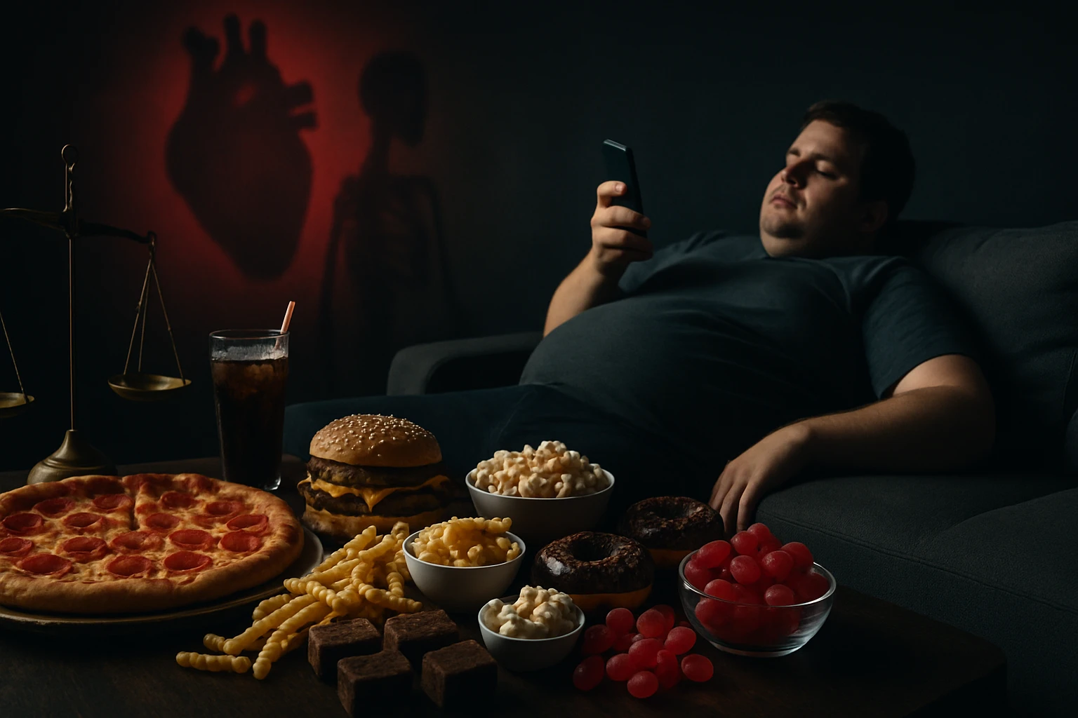 Egy férfi ül a kanapén, kezében telefonnal, körülötte gyorsétterem ételek.