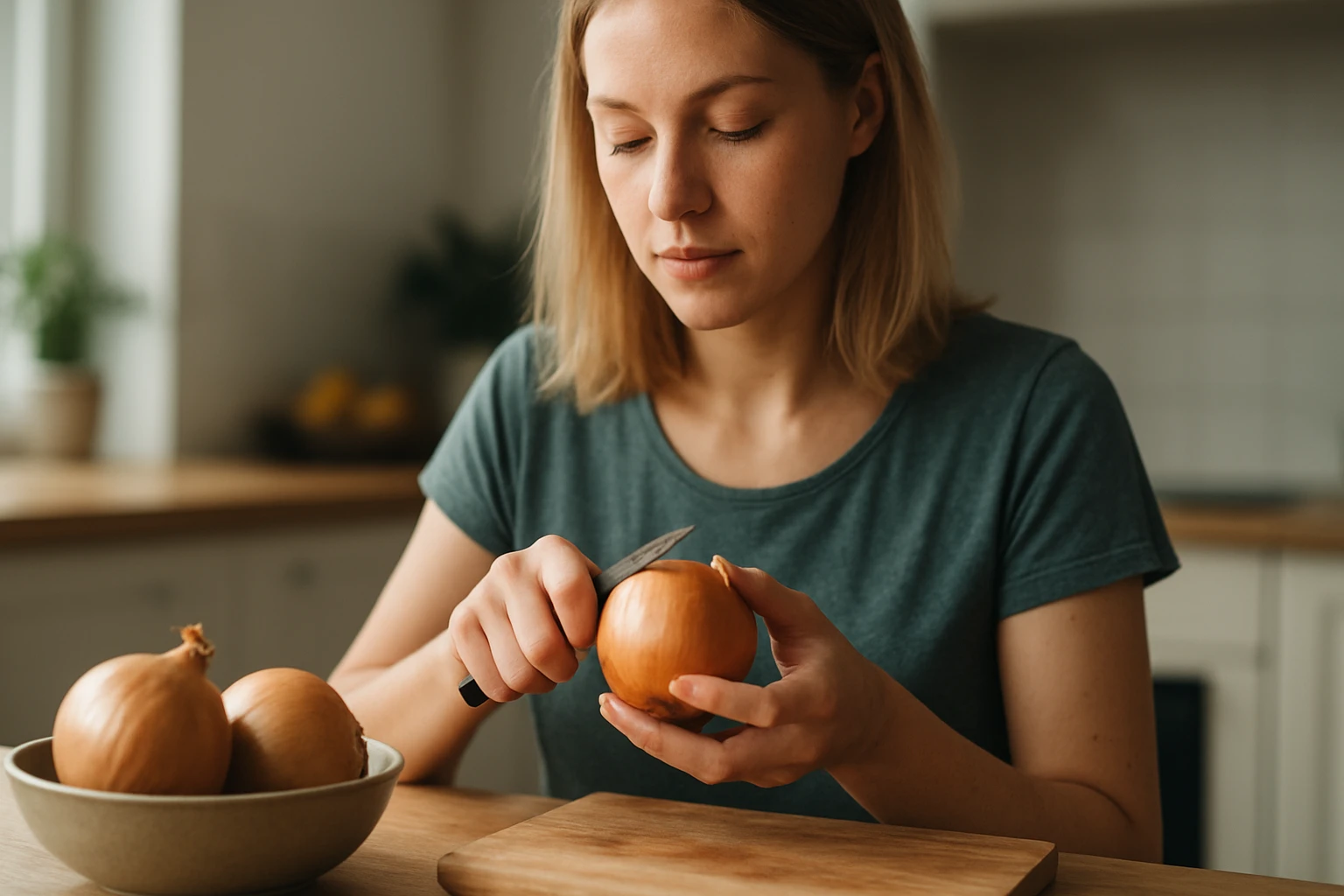 Egy nő hagymát hámoz egy konyhában, figyelmesen dolgozik.