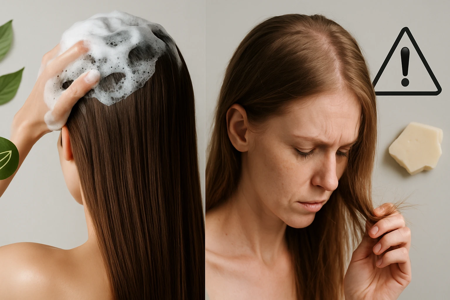 Egy nő samponozza a haját, miközben aggodalommal néz a hajára.