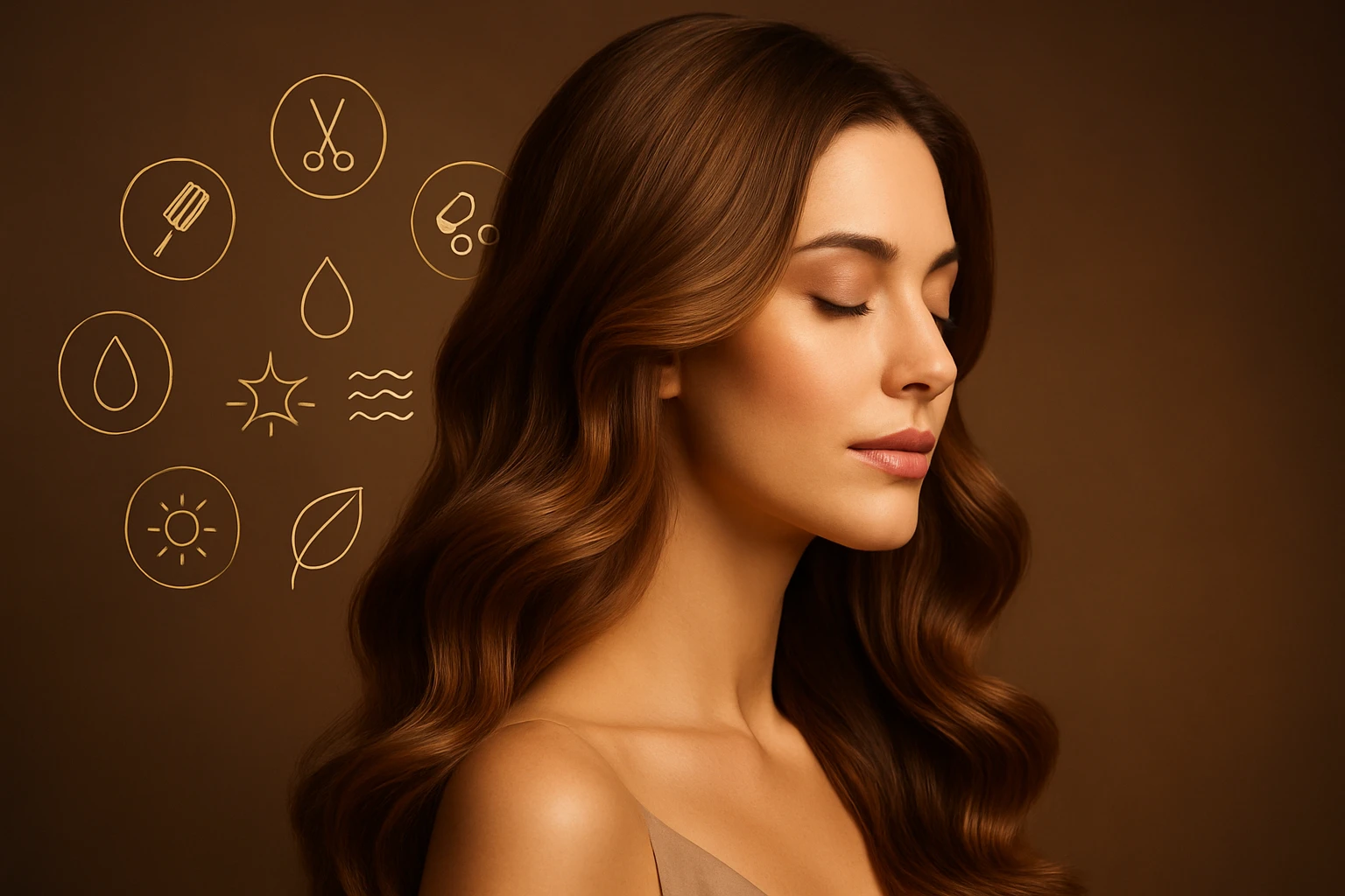 Egy nő profilja, hosszú, hullámos hajjal, háttérben ábrák a hajápolásról.
