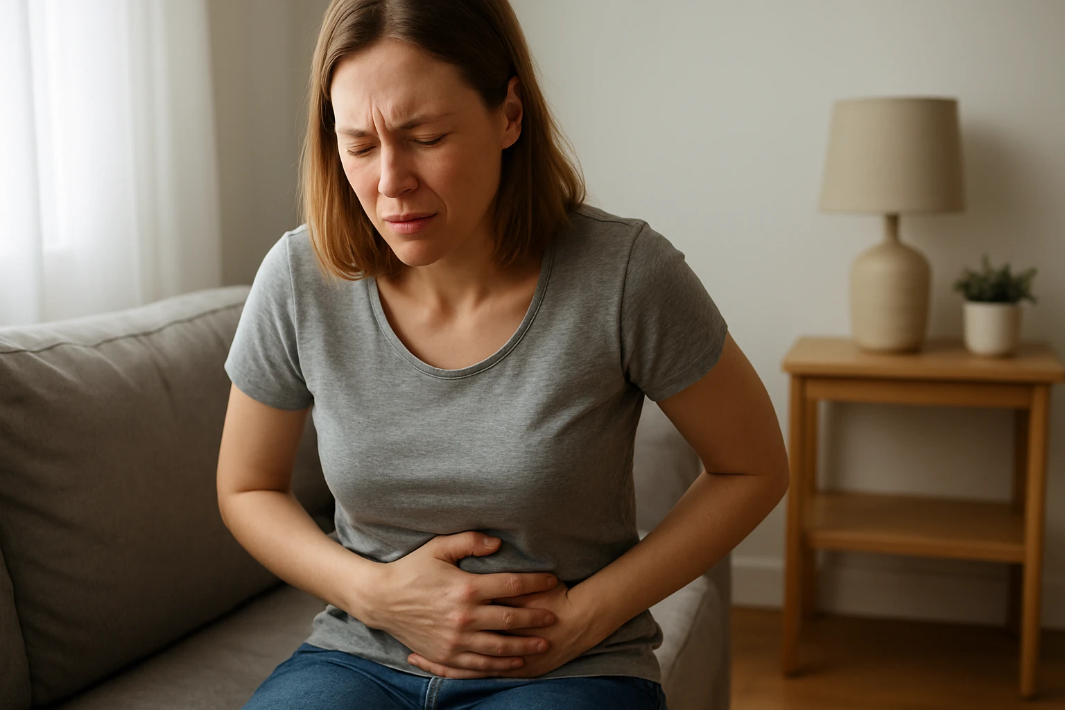 Egy nő fájdalmas arccal ül a kanapén, hasát fogja.