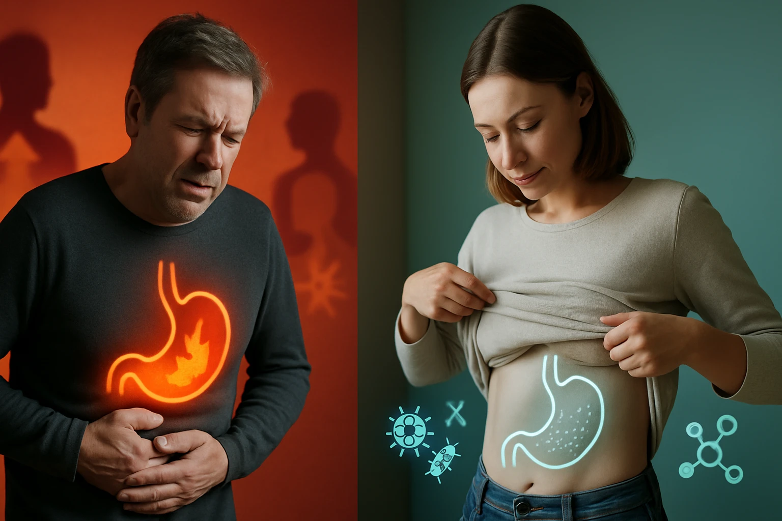 Egy férfi hasi fájdalommal küzd, míg egy nő a gyomrára mutat.