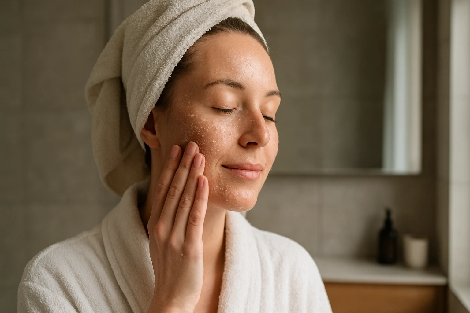 Egy nő arctisztítót használ a bőrápolás során, törölközővel a fején.