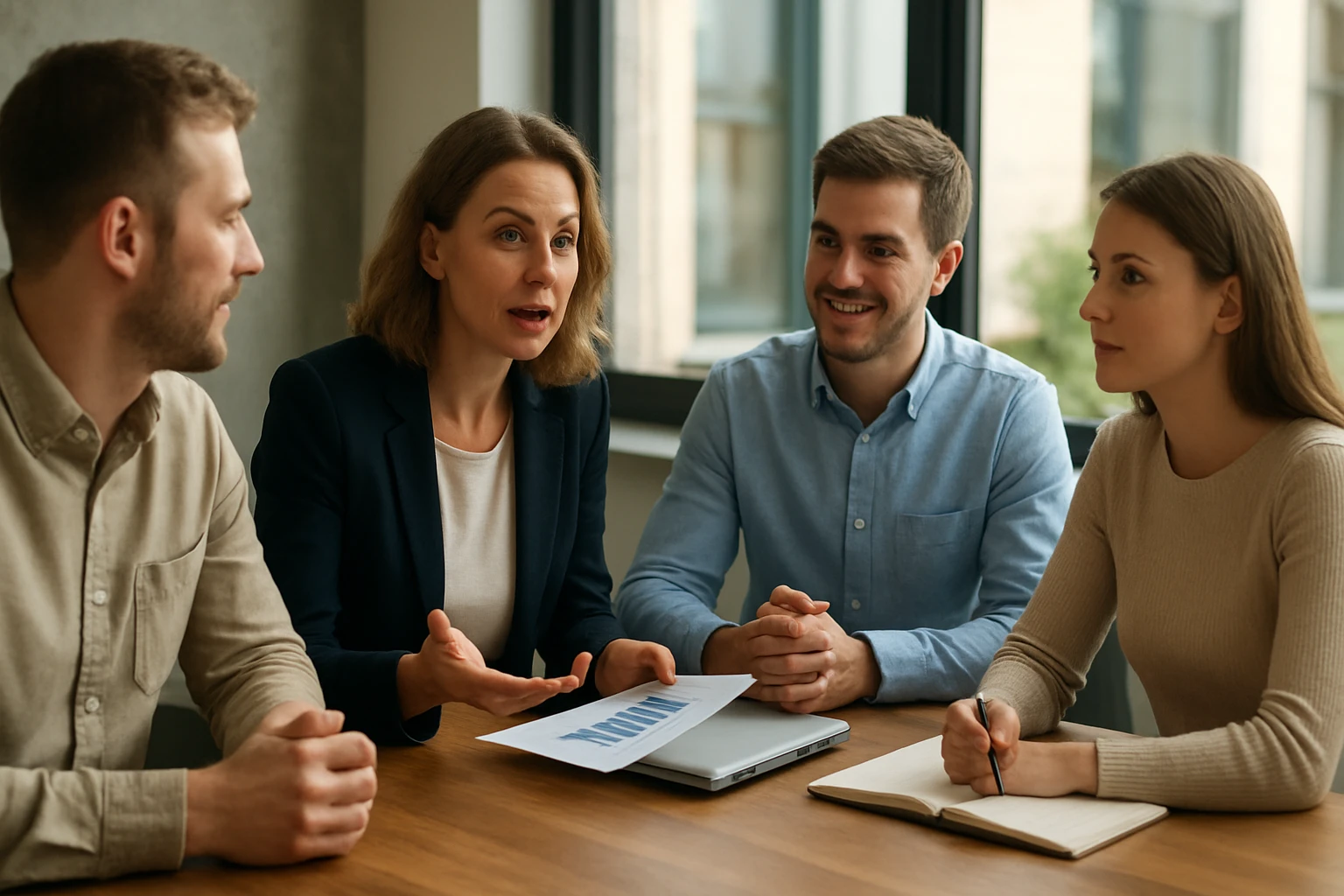 Négy felnőtt ül egy asztalnál, egy nő beszél, míg a többiek figyelnek.