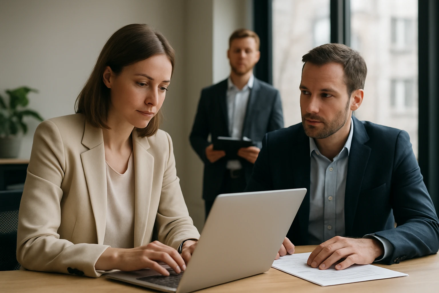 Egy nő laptopon dolgozik, míg két férfi figyeli őt egy irodában.