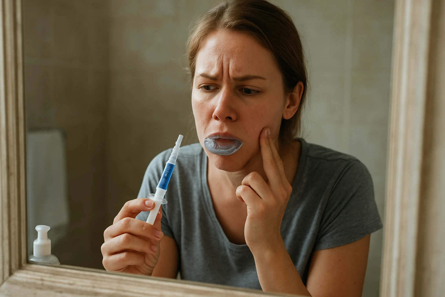 Egy nő tükör előtt áll, fogfehérítő szert használva az ajkán.