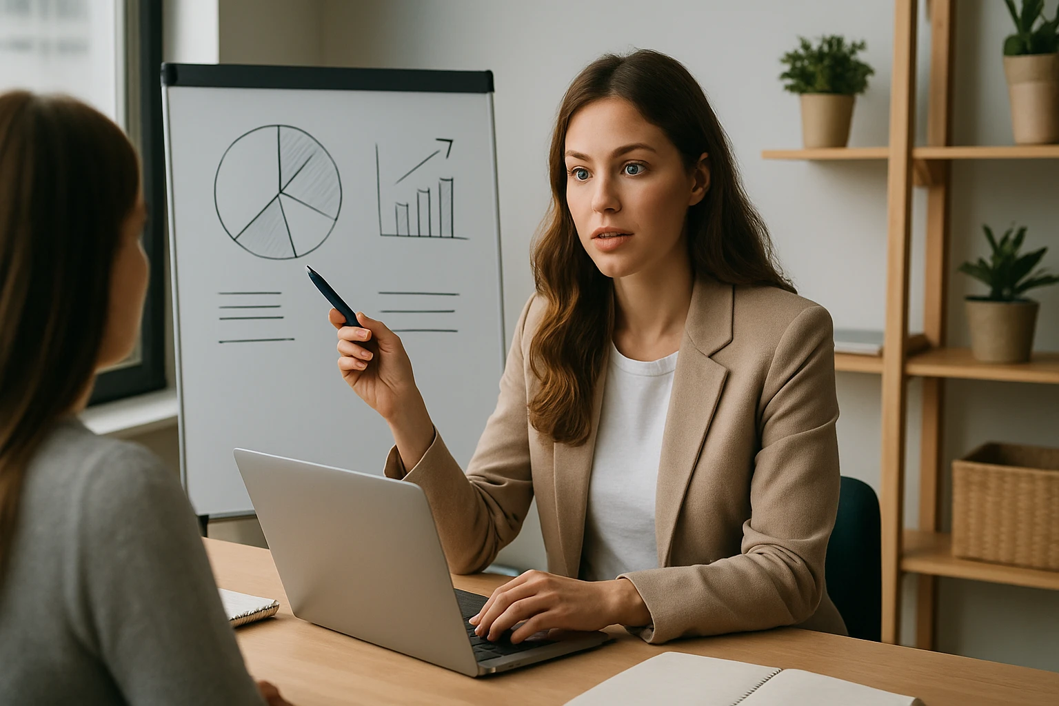 Egy nő laptop előtt ül, miközben egy másik nőnek magyaráz grafikonokat.