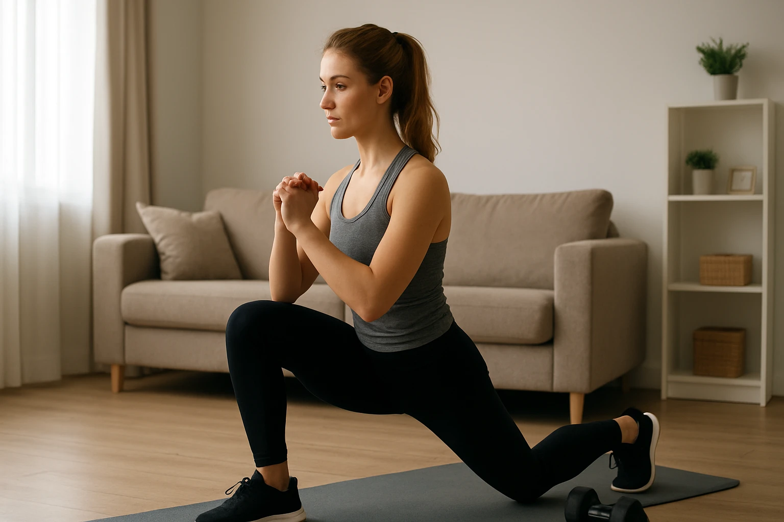 Egy fiatal nő edzést végez otthon, guggoló pozícióban, súlyzó mellett.