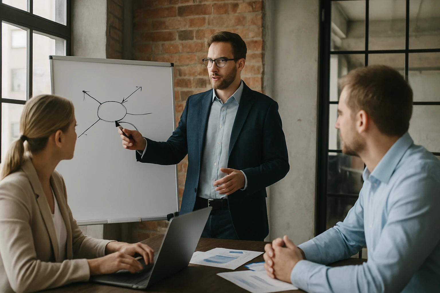 Egy férfi prezentál egy fehér táblán, miközben két kollégája figyel.