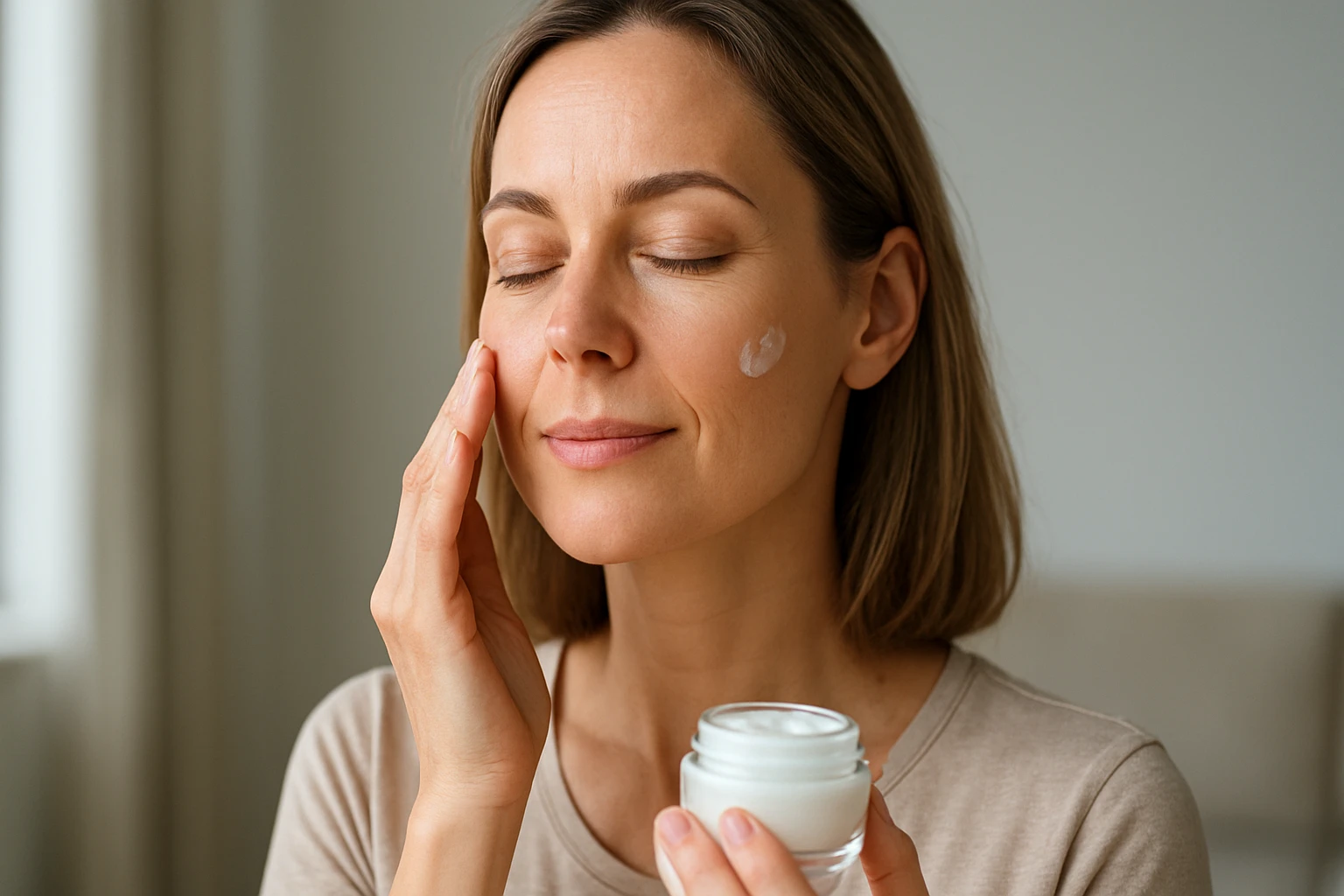 Egy nő arckrémet visz fel az arcára, miközben mosolyog.