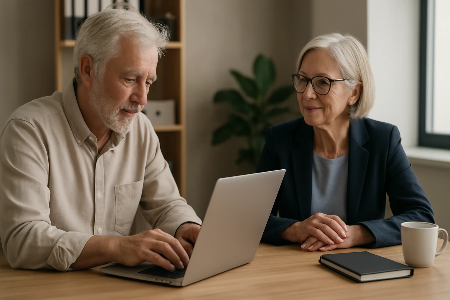 Idős pár beszélget egy laptop előtt, barátságos légkörben.