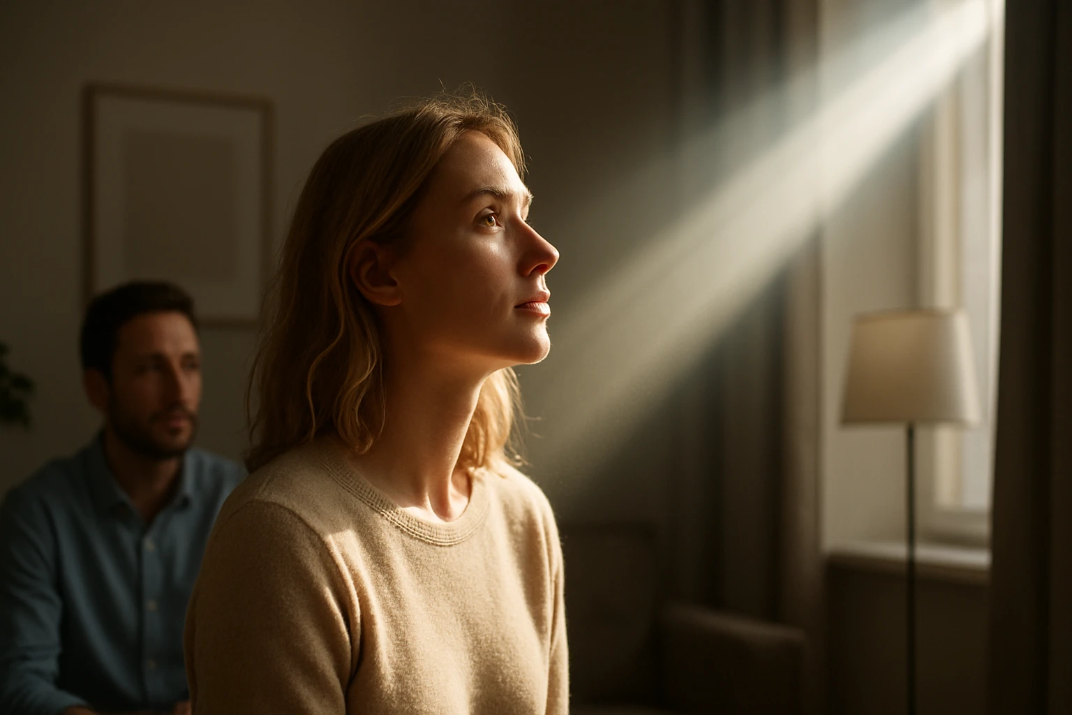 Egy nő néz a fény felé, háttérben egy férfi ül, intim pillanat.