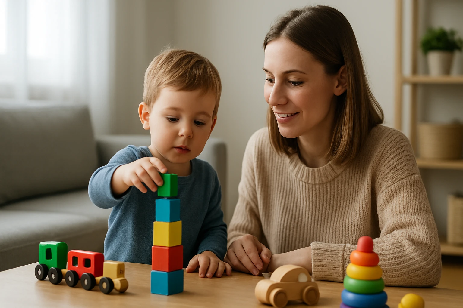 Egy kisfiú színes építőkockákat rak össze édesanyjával játszva.
