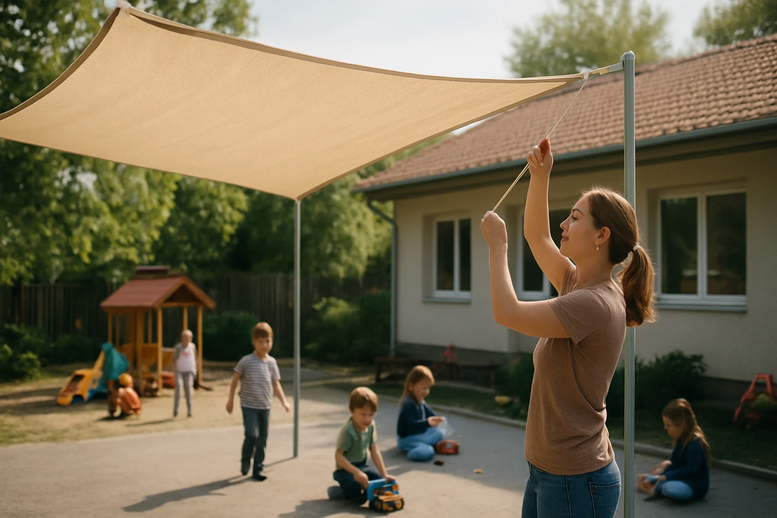 Egy nő árnyékolót állít fel egy játszótéren, gyerekek játszanak a háttérben.