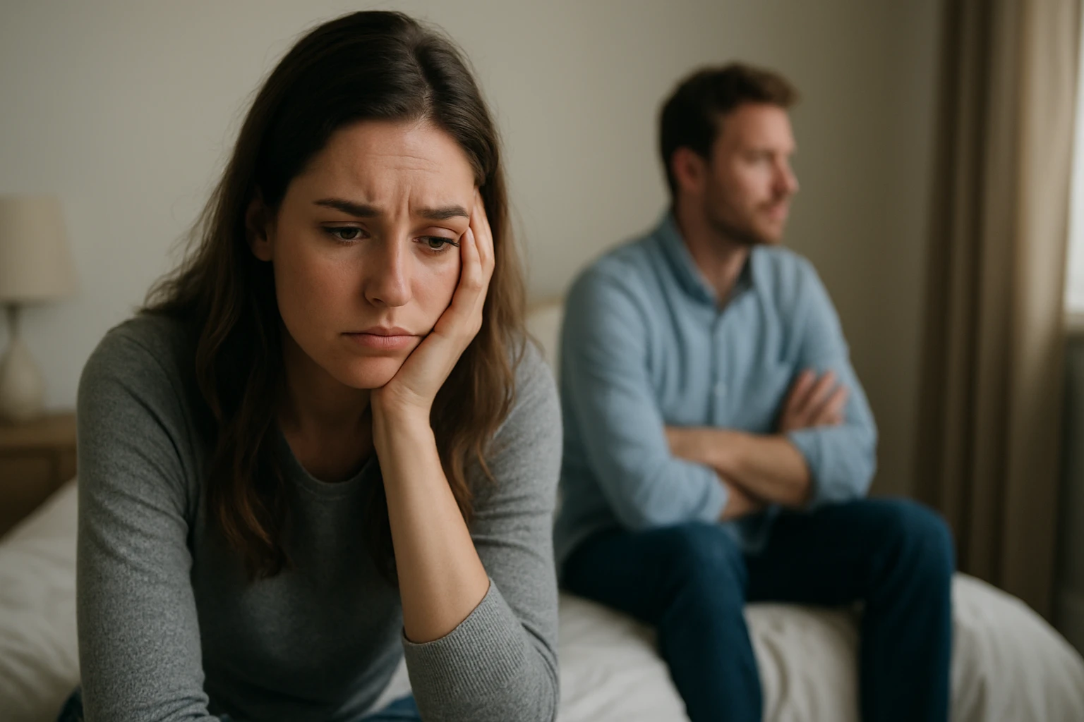 Egy szomorú nő ül az ágyon, míg a férfi háttal ülve néz ki az ablakon.
