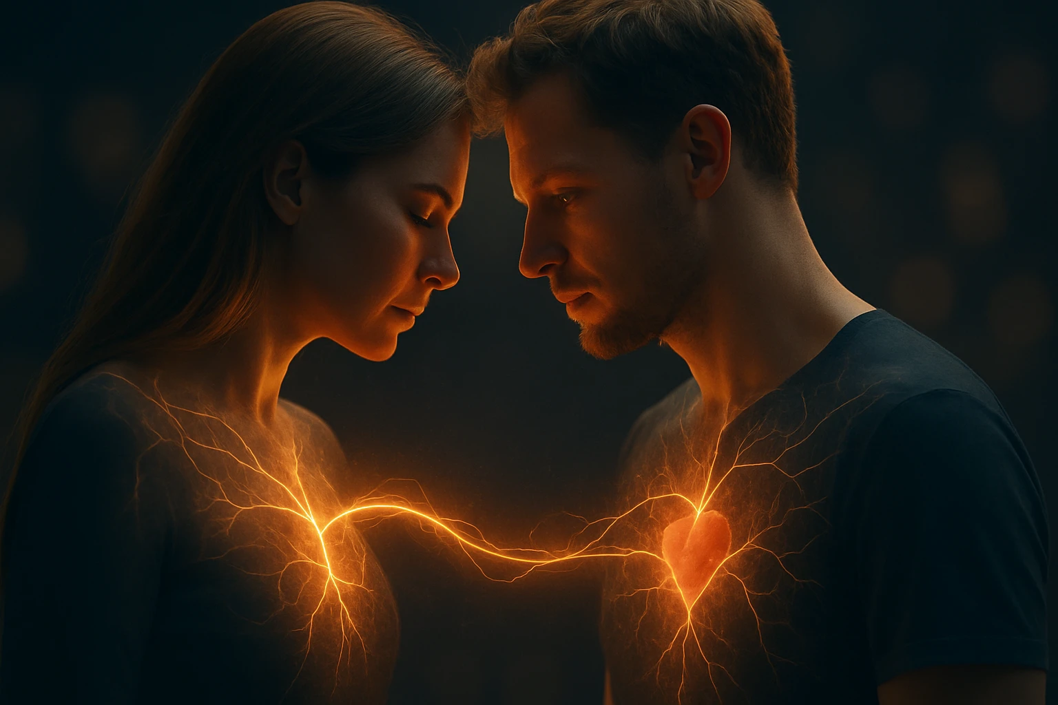 Egy férfi és egy nő szemben áll, szívükből fény és energia áramlik.