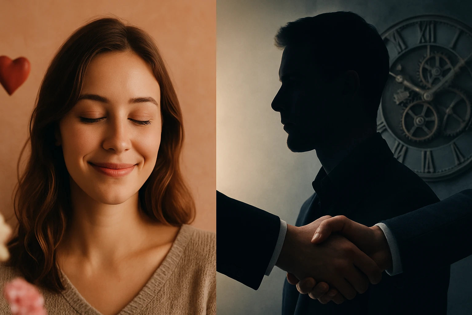 Egy nő mosolyog, míg egy férfi árnyéka látható a háttérben.