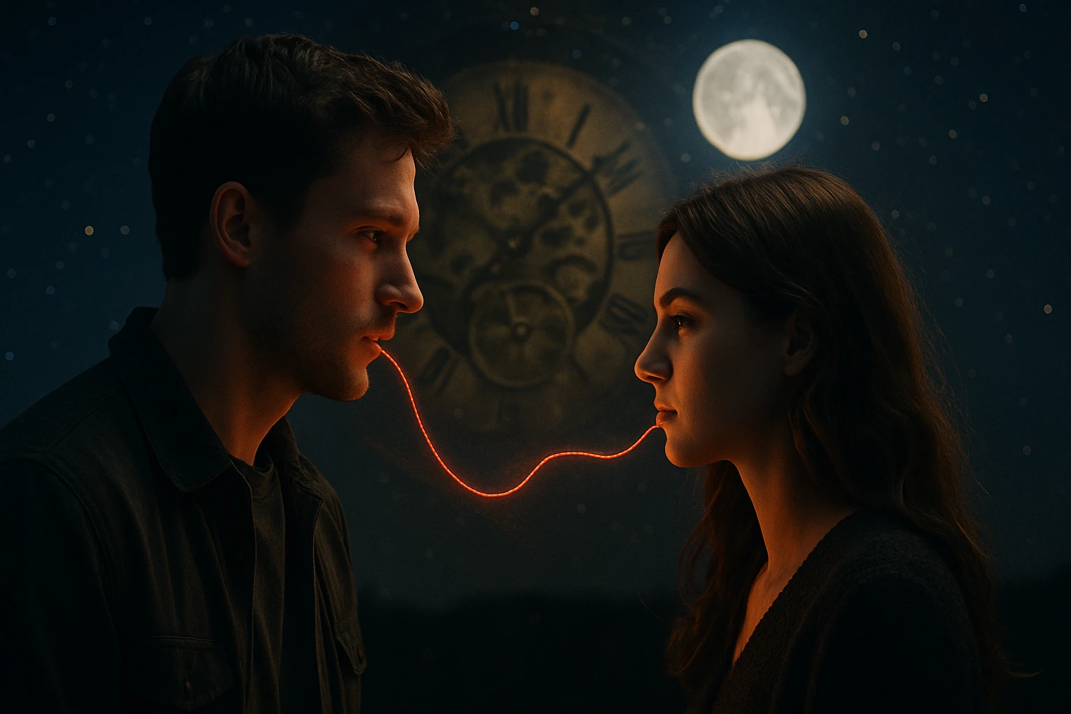 Két fiatal ember arca közelről, vörös fény szál köt össze őket, háttérben óra és telihold.