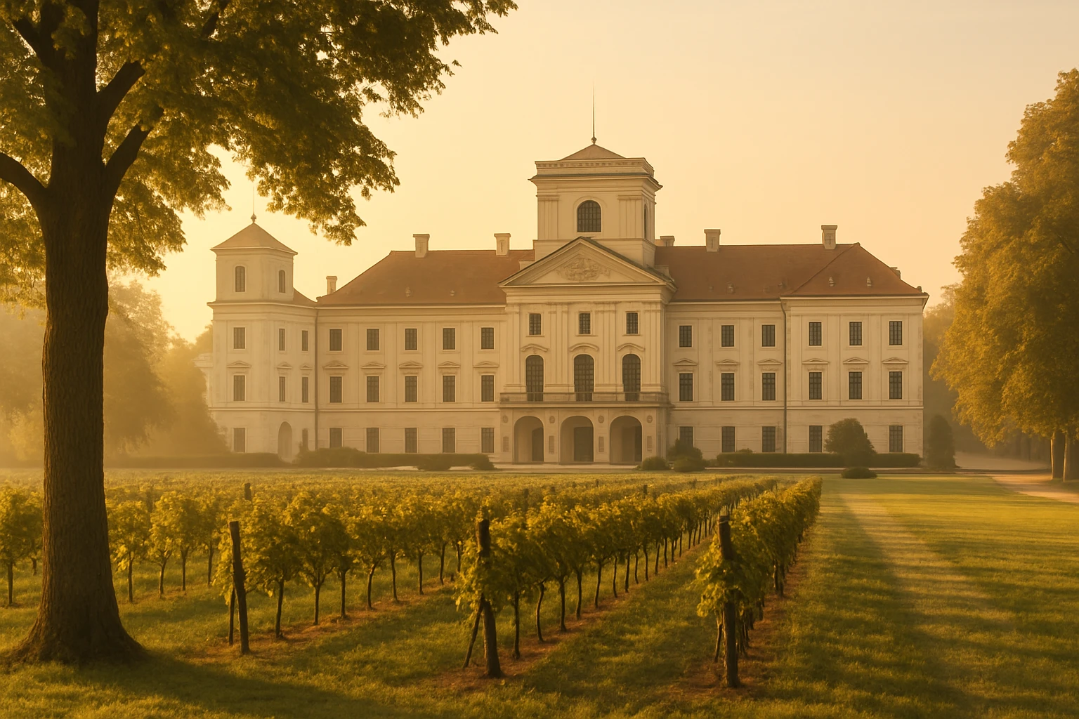 Egy gyönyörű kastély áll szőlőültetvény előtt, napfelkeltében.
