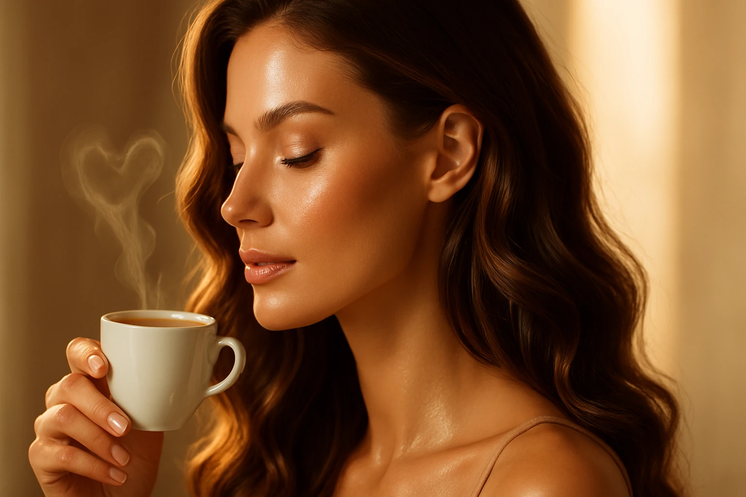 Egy nő kávét iszik, a gőz szív alakban száll fel a csészéből.