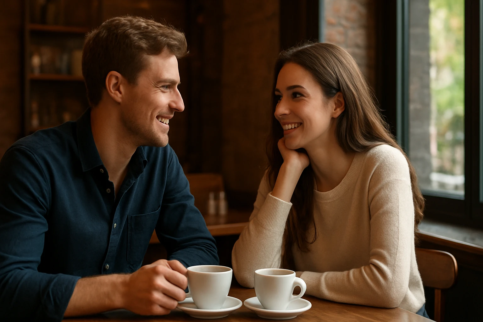 Két fiatal, mosolygó ember ül egy kávézóban, kávét isznak.