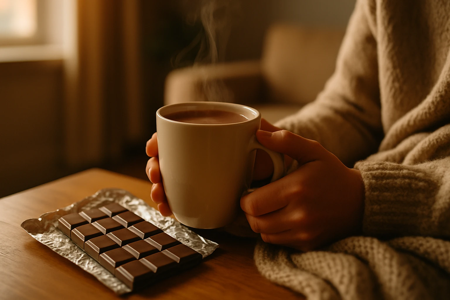 Egy személy forró italt tart a kezében, mellette csokoládé található.