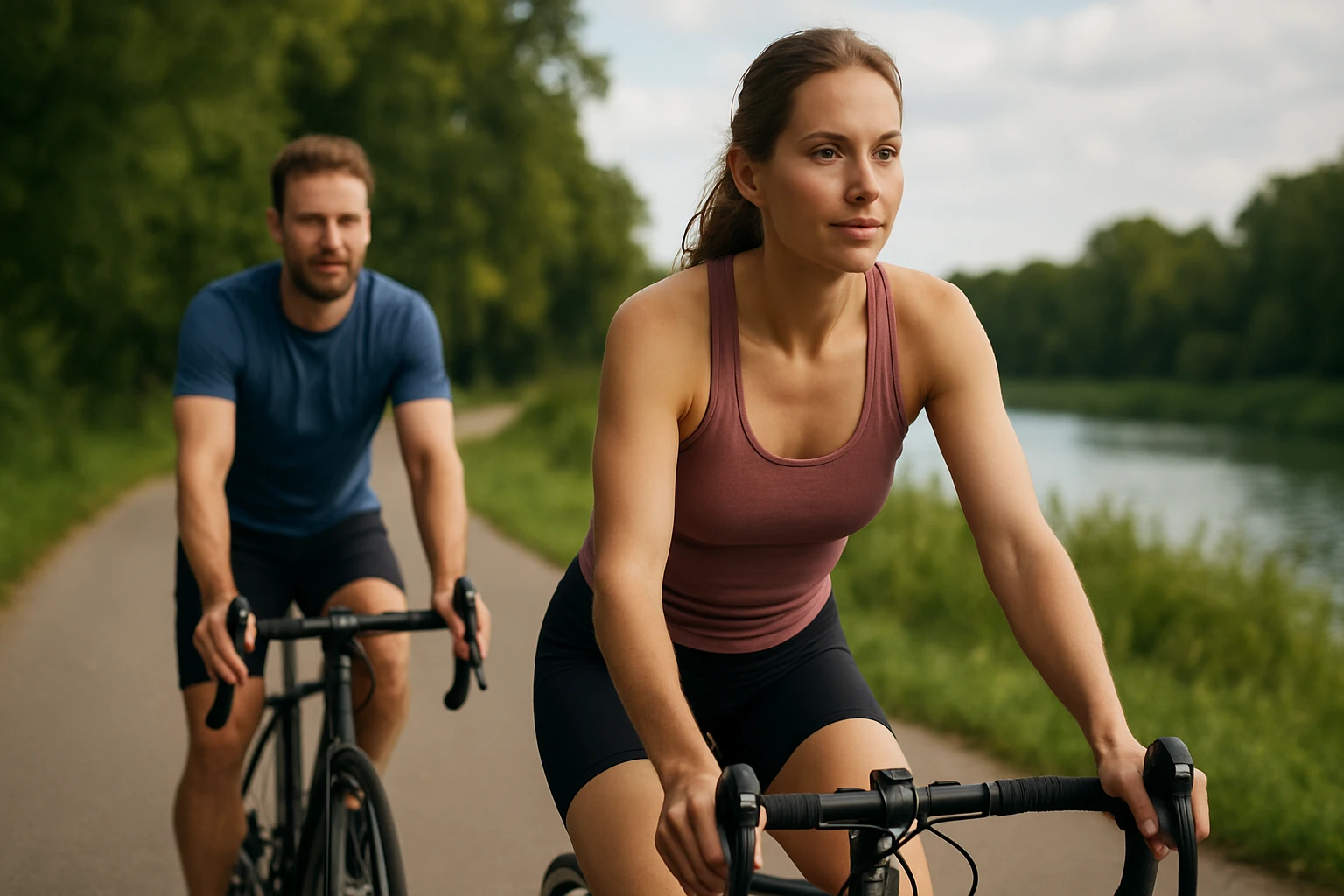 Két kerékpáros, egy nő és egy férfi, egy szép tájon haladnak.