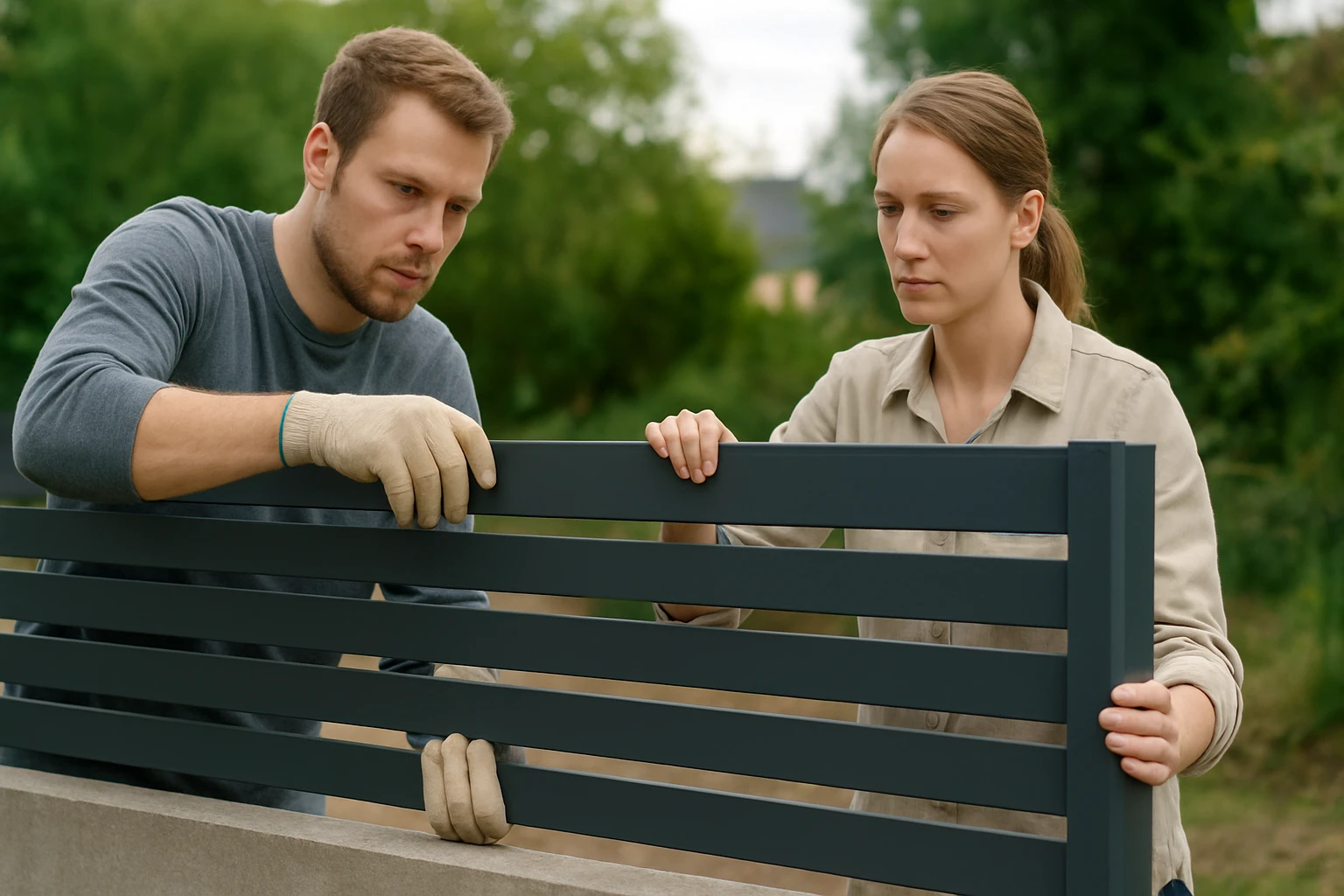 Két ember kerítést szerel össze, figyelmesen dolgoznak a szabadban.