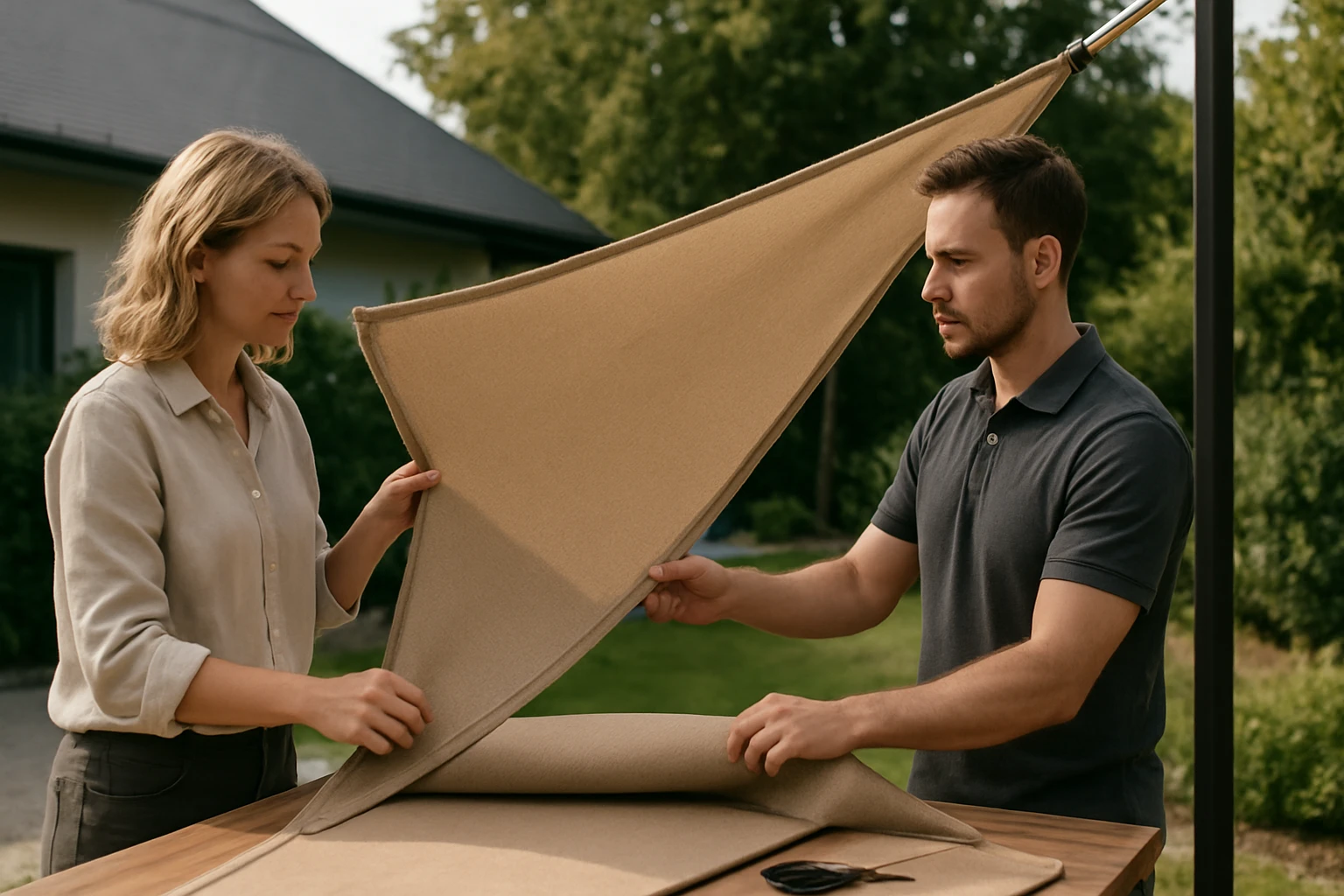 Két ember egy napernyőt készít elő a kertben, figyelmesen dolgoznak.