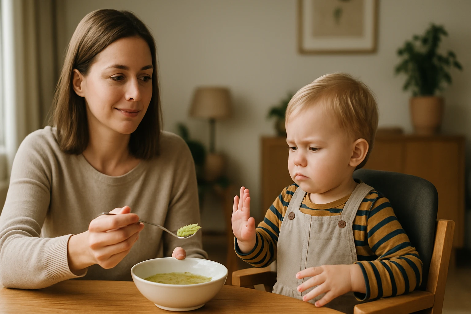 Egy anya próbálja etetni a kisfiát zöldséges étellel, de ő ellenáll.