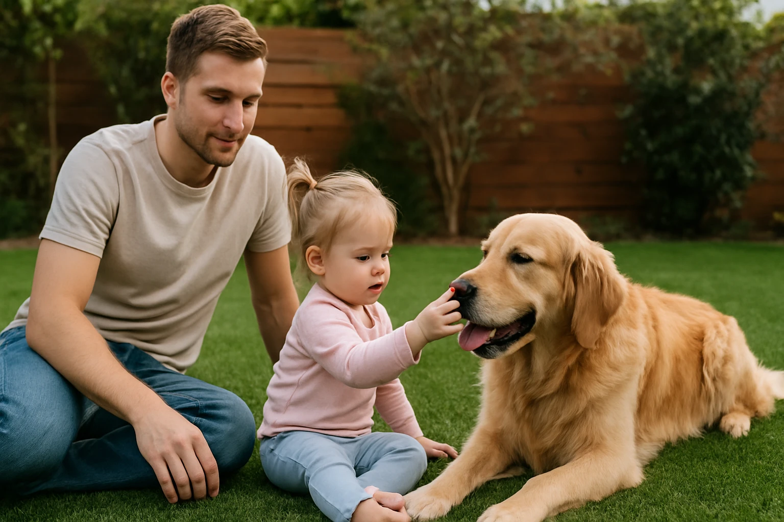 Egy kisgyermek simogatja a golden retriever kutyát, miközben apja figyeli őket.