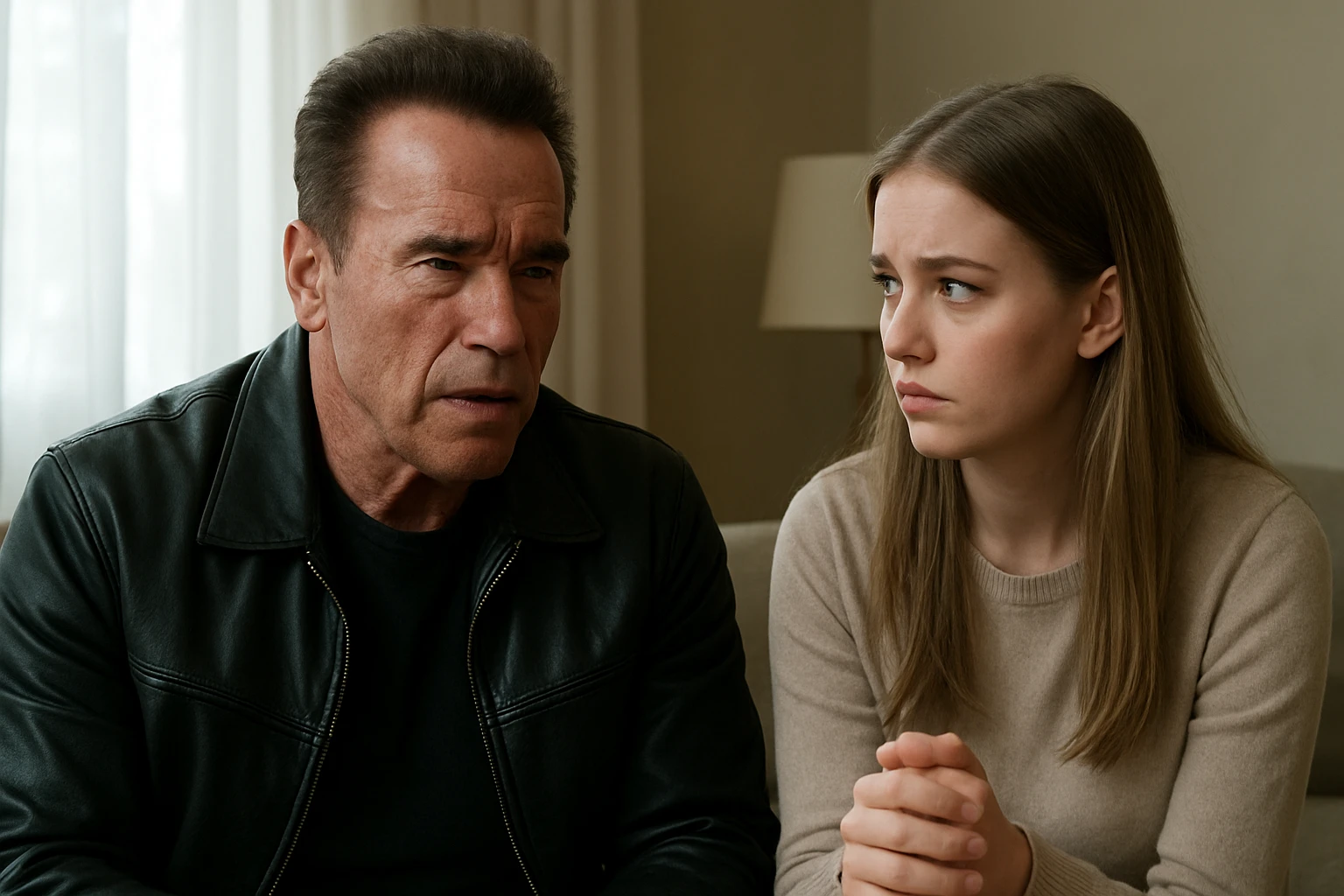 Egy férfi és egy nő ülnek egy szobában, komoly arckifejezéssel beszélgetnek.