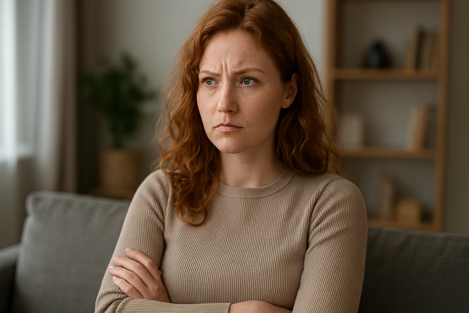 Egy komoly arckifejezésű nő ül a kanapén, karba tett kézzel.