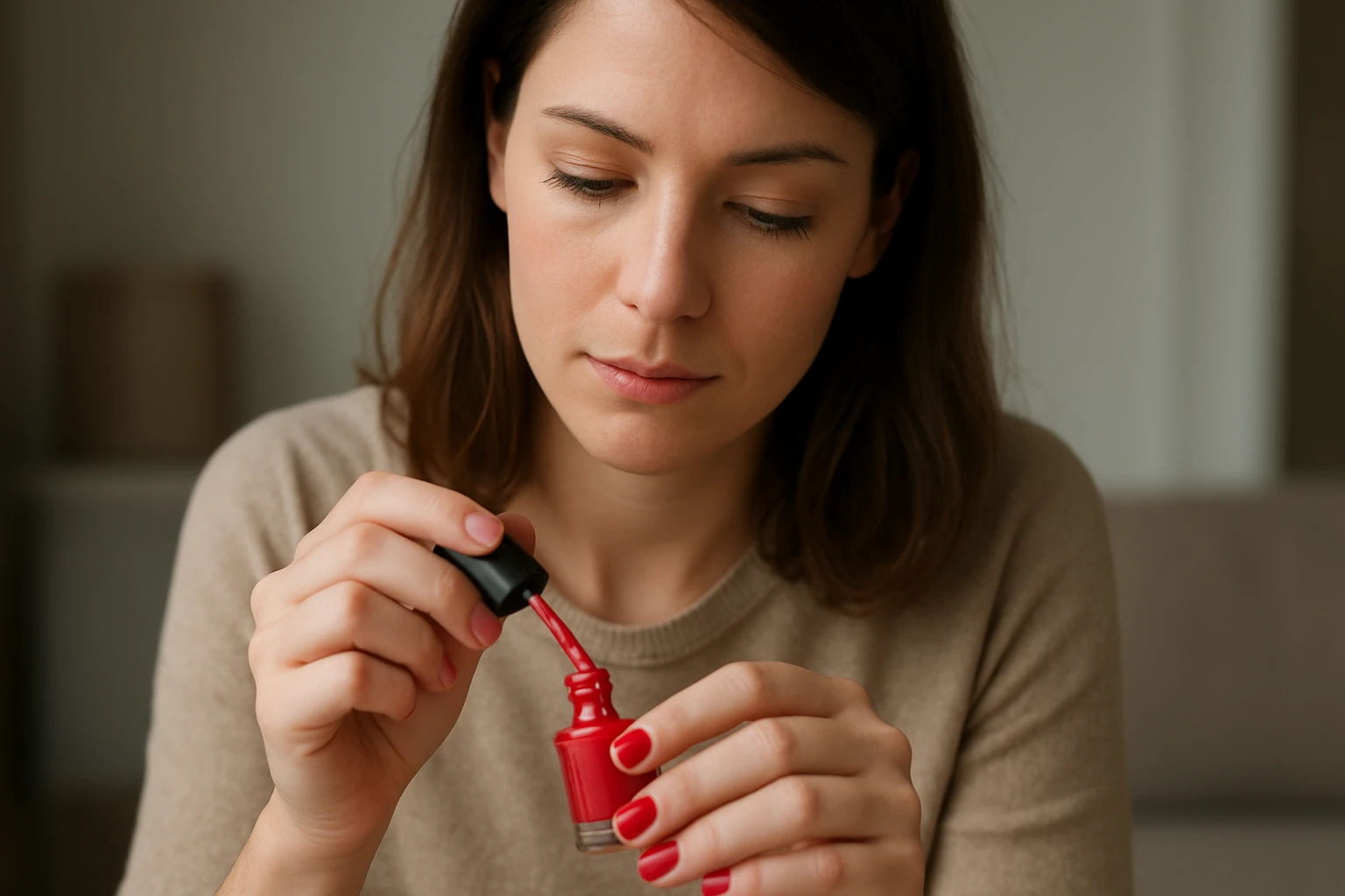 Egy nő piros körömlakkot használ, figyelmesen nézi a körmeit.