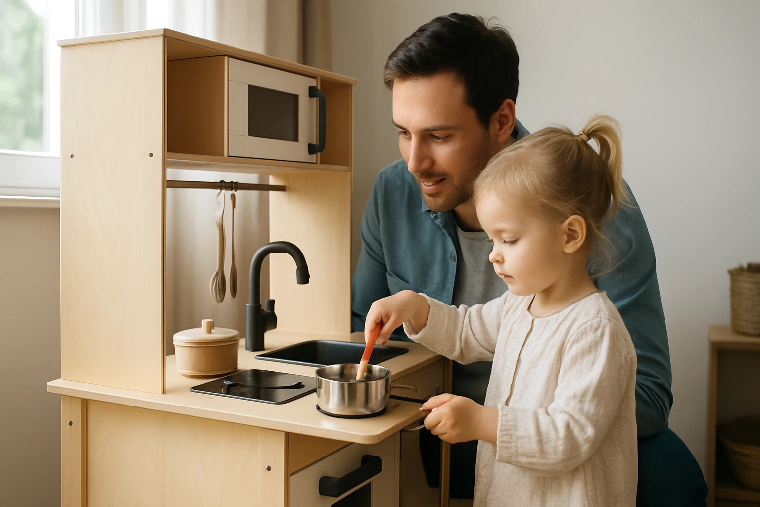 Egy apa és kislánya együtt játszanak egy gyerek konyhában, főznek.