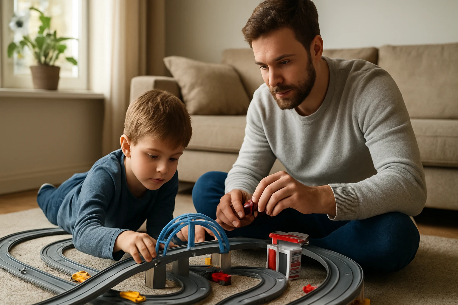 Egy apa és fia közösen játszik egy kisautó pályán a nappaliban.