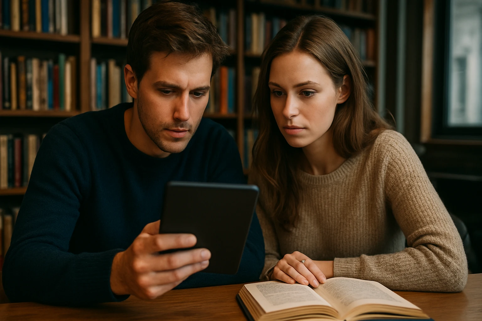 Két fiatal, egy férfi és egy nő, egy táblagépet néznek egy könyvtárban.