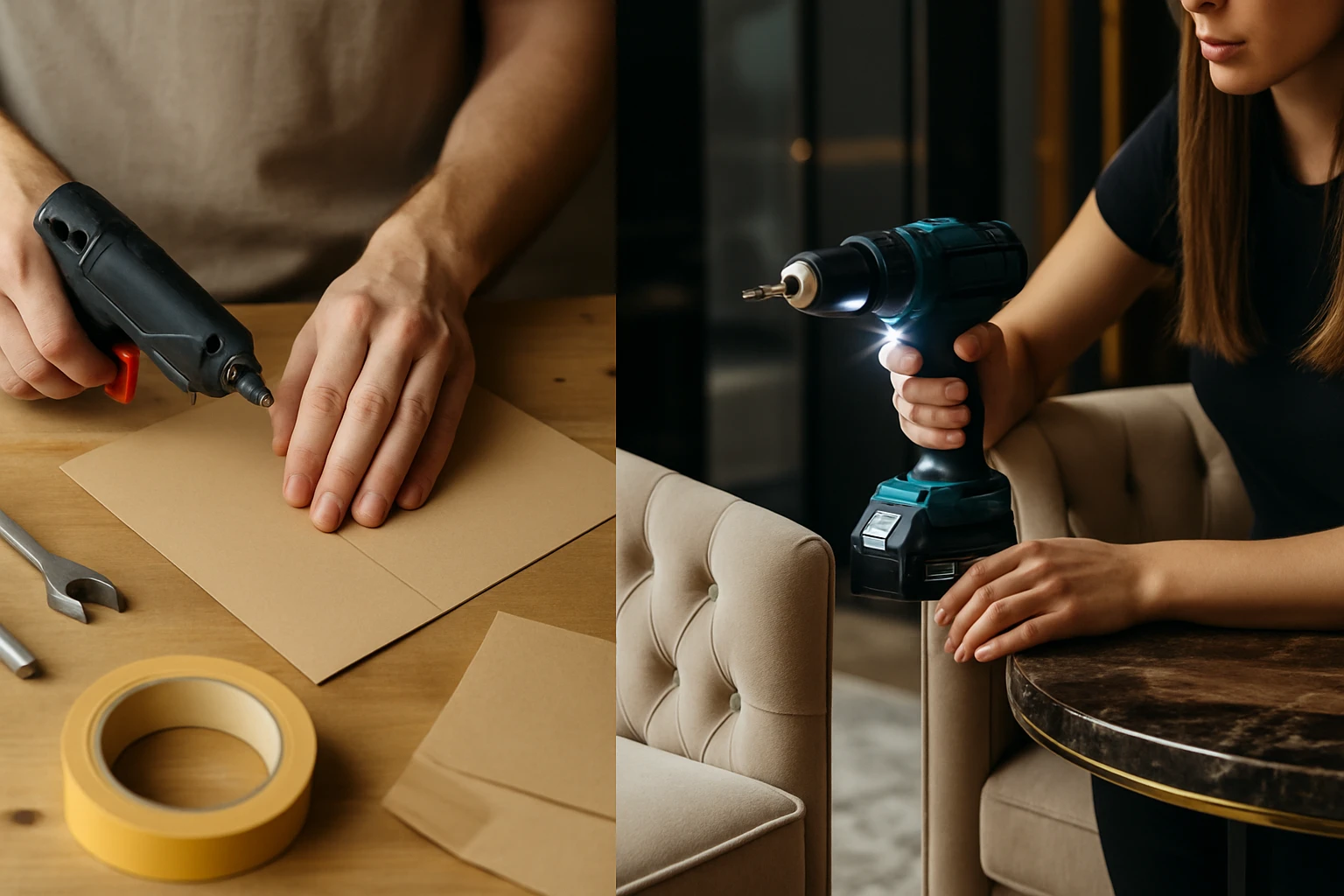 Két kéz, az egyik ragasztópisztolyt, a másik fúrócsavart tart.