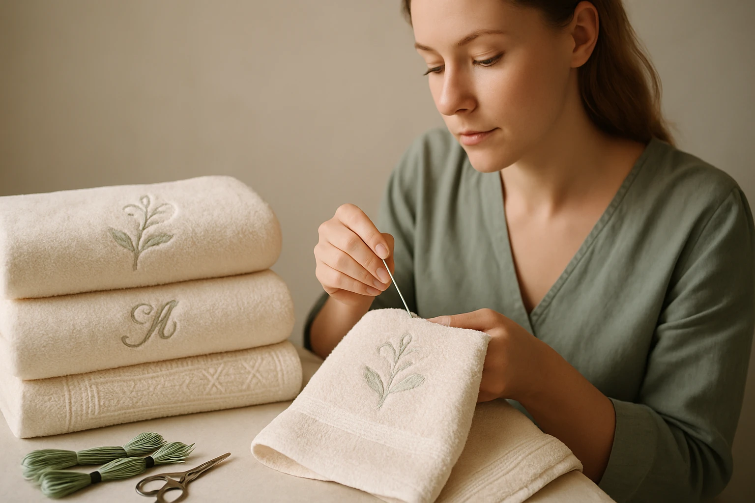 Egy nő hímzéssel díszített törölközőt készít, mellette hímzőfonalak és olló.