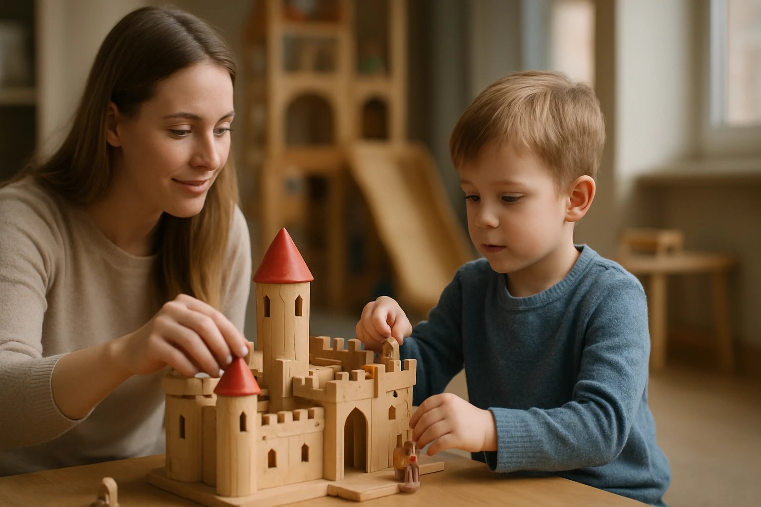 Egy anya és kisfia együtt játszanak egy fából készült várat építve.